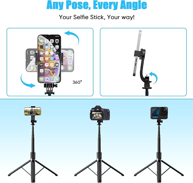71-Inch Extendable Phone Tripod and Selfie Stick with Wireless Remote, 360° Rotating Holder, Portable Travel Tripod Stand for iPhone, Android and Action Cameras - Image 4