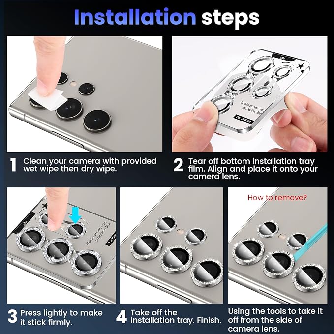 Tensea Compatible with Samsung Galaxy S24 Ultra Camera Lens Protector | 9H Tempered Glass Camera Cover Screen Protector Metal Individual Ring [Installation Tray][Case Friendly] - Image 7