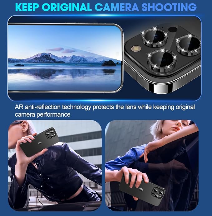 for iPhone 15 Pro/15 Pro Max Camera Lens Protector Glitter, Black | Individual Metal, 9H Hardness, Scratch Resistant, Shockproof, Drop Protection, Case Friendly, Stylish Accessories - Image 4