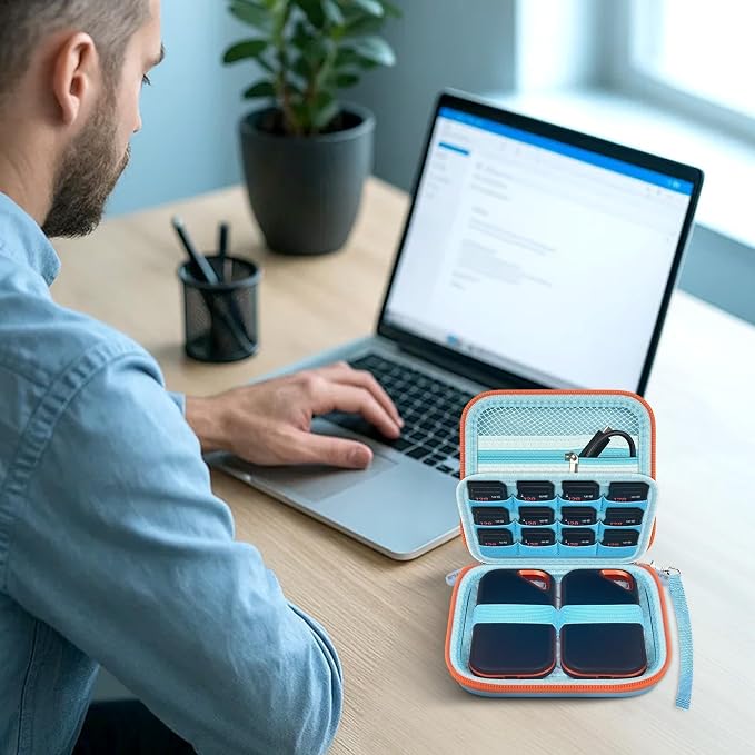 PAIYULE Dual SSD Case for 2 SanDisk Extreme Portable SSDs & Extreme PRO | Elastic Straps Secure Two Drives, Mesh Pocket Organizes Cables, Carabiner Adds Portability, Blue, Case Only - Image 8