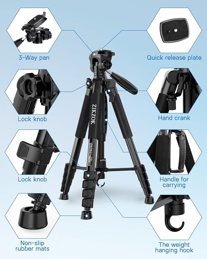 75" Camera Tripod, Aluminum Heavy Duty Camera Stand for ipad Phone, Travel Tripod with/Carry Bag/Phone Tablet Holder, Compatible with Canon Nikon Sony DSLR, Spotting Scopes, Max Load 15 Lb(Black) - Image 9