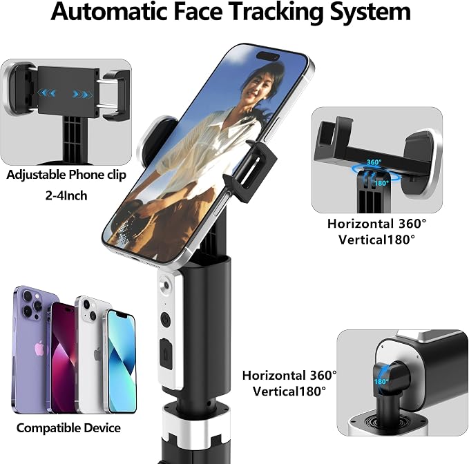 Auto Face Tracking Selfie Stick Tripod for iPhone, Minimalist 360° Rotating AI Tracking Tripod with Wireless Control, 60" Extended Phone Holder for Content Creation Vlogging, Live Streaming - Image 8