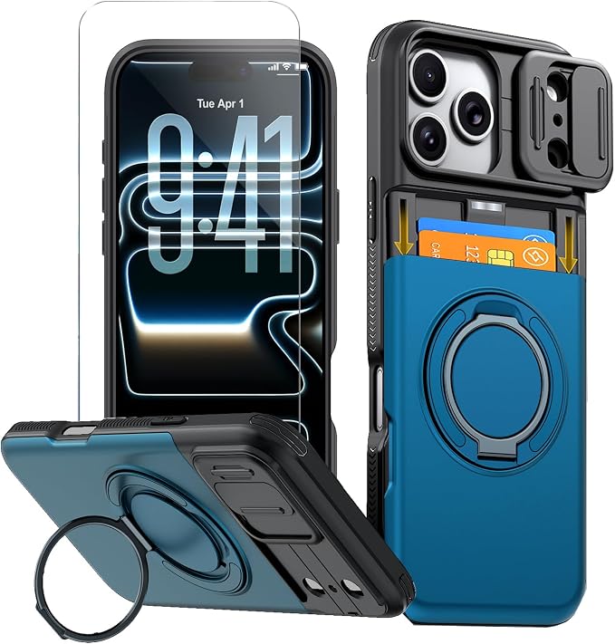 for iPhone 17 Pro Wallet Case with Card Holder Slide Camera Cover Ring Stand Kickstand Heavy Duty Protective Case with Screen Protector for iPhone 17 Pro (Blue) by Benbenjaytek
