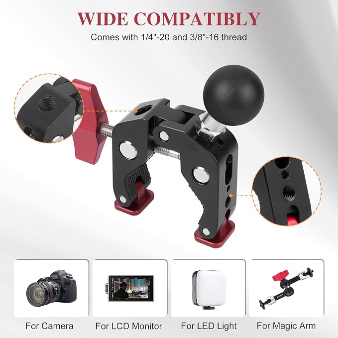 Super Clamp Double Camera Clamp,Dual Clip Mount with Magic Socket Arm - 3/8" & 1/4" Screw, Heavy-Duty Clamps for Desk & Cross Bars& Tripod & Handlebar,All Metal -Max Load Capacity 8.8LB,JC010 - Image 6