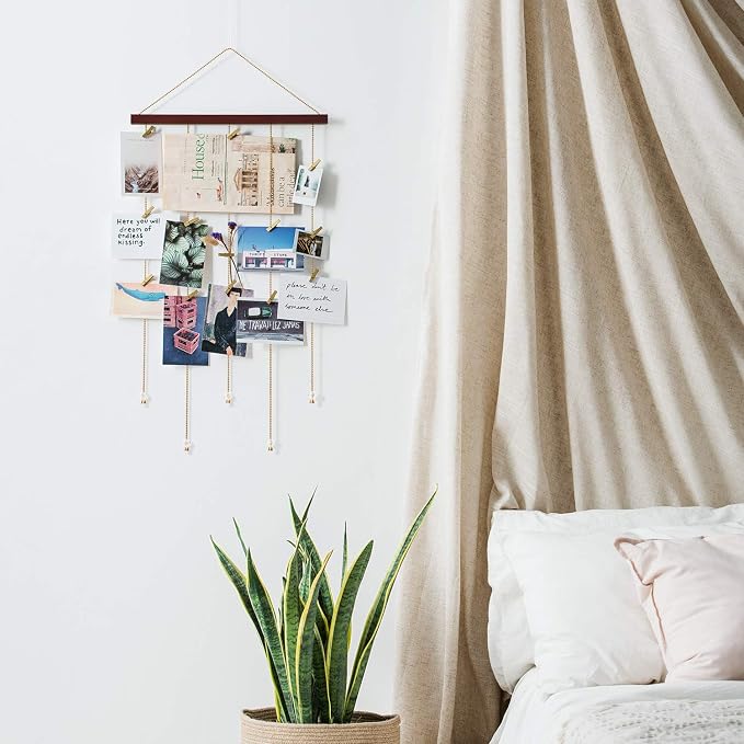 Mkono Hanging Photo Display, 25 Wood Clips Greeting Card Holder, 33"x16.5" | Picture Collage Hanger, Boho Rustic Wall Art, Christmas Holiday Gift, Teen Room Decor, Bedroom Dorm Office Nursery - Image 5