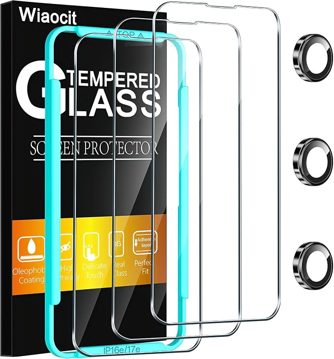 Wiaocit Tempered Glass Screen Protector for iPhone 16e/iPhone 17e | 3+3 Pack, 9H Hardness, Camera Lens Protector, Installation Frame, Bubble Free, Case Friendly by Wiaocit
