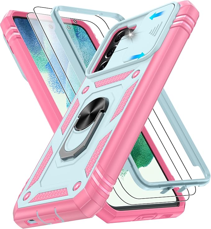 Gritup for Samsung Galaxy S21 FE 5G Case with 2PCS Screen Protector, Build in 360° Rotating Ring Kickstand, Military Grade Protective Case for S21 FE Phone, Green+Pink by Gritup