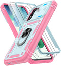 Gritup for Samsung Galaxy S21 FE 5G Case with 2PCS Screen Protector, Build in 360° Rotating Ring Kickstand, Military Grade Protective Case for S21 FE Phone, Green+Pink by Gritup