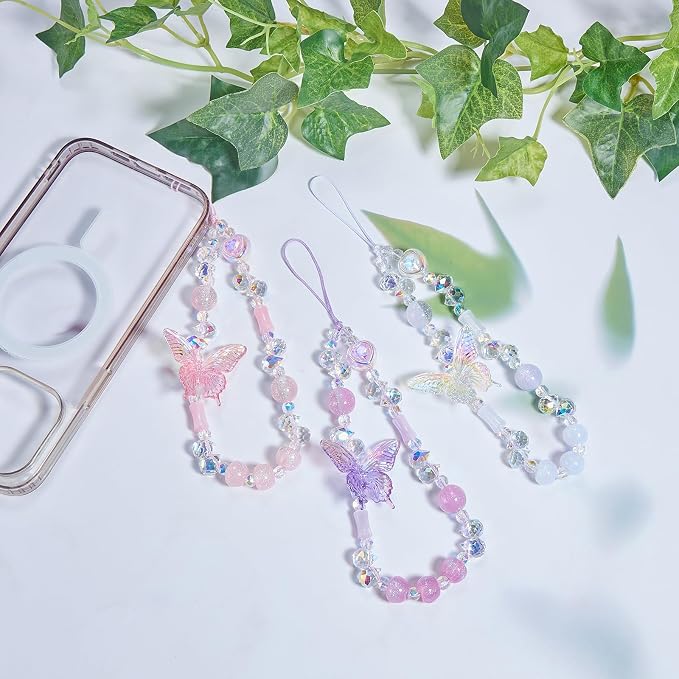 BEEFLYING Beaded Butterfly Phone Charm Wrist Strap for Case, Pink | Sparkling Y2K Cute Cellphone Chain, for Keychain Bag Camera Car Key Pendant - Image 6