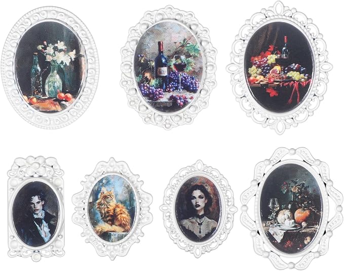 7pcs Mini Picture Frame,Small Vintage Picture Frame 1/12 Scale Accessory | White Oval, with 7 Pictures, Antique Tiny Photo Frame, for DéCor, Tabletop Wall Mount, Display by Yolev