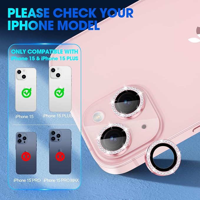 for iPhone 15/15 Plus Camera Lens Protector Bling Diamond, Pink | Individual Metal, 9H Hardness, Scratch Resistant, Shockproof, Drop Protection, Case Friendly, Stylish Accessories - Image 2
