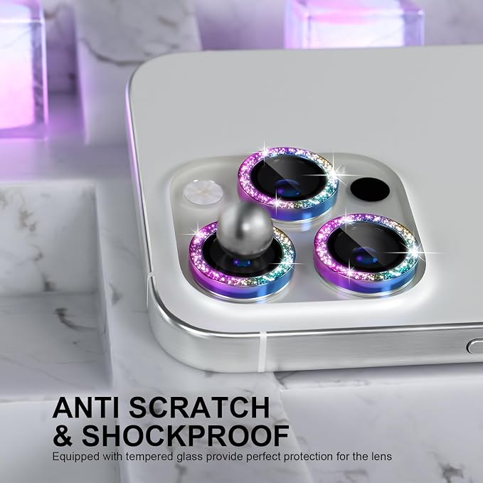 Choiche for iPhone 16 Pro/iPhone 16 Pro Max Camera Lens Protector | Ultra HD, Bling 9H Tempered Glass Camera Cover Screen Protector Metal Ring Decoration Accessories (Glitter-Colorful) - Image 2