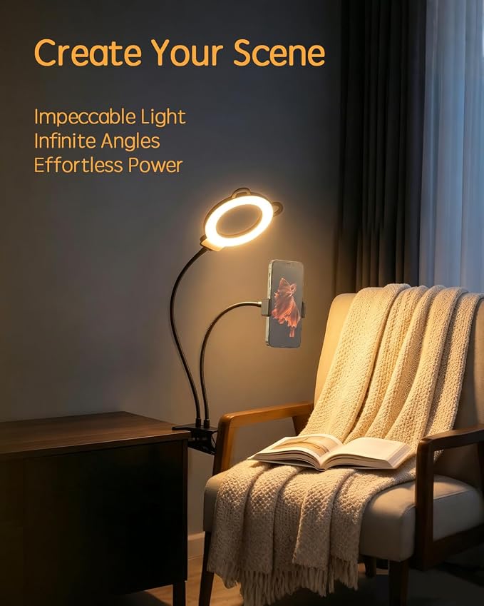 Desk Lamp, Ring Light for Laptop Desk Clip On, LED Reading Light with Clamp, Silicone Flexible Arm Book Light, Video Conference Lighting with Stand for Phone/Zoom Meeting/Video Call/Recording - Image 2