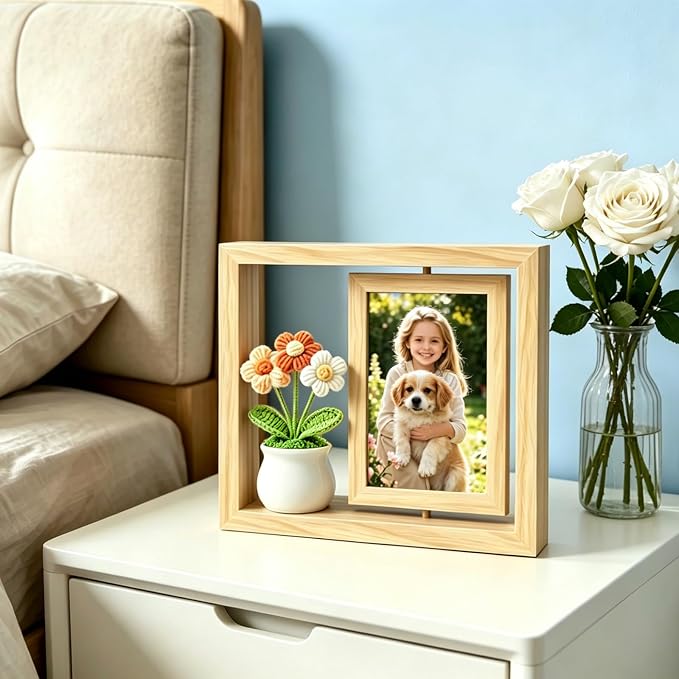 4x6 Rotating Picture Frame & Handmade Crochet Puff Flower, 4x6 Desktop Double-side Floating Photo Frame, Puff Daisy Cute Office Desk Decor for Women/ Appreciation Thank You Gifts for Girls Her - Image 6