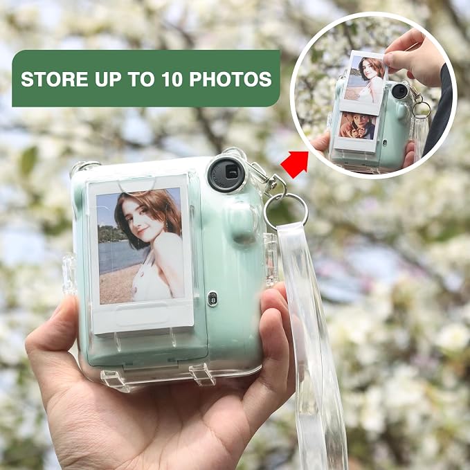 CAIYOULE Clear Camera Case For Fujifilm Instax Mini 12 Instant Film Camera | Crystal Camera Case for Instax Mini 12, Rigid PC Hard Camera Shell with Photo Storage, 2 DIY Stickers and Adjustable Strap - Image 5
