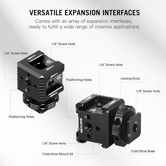 Triple Cold Shoe Mount with 1/4" Thread, Aluminum Camera Hot Shoe Extension Bracket with 3 Port Cold Shoe Mounts for LED Video Light Monitor Microphone Camera Cage (62011) - Image 8