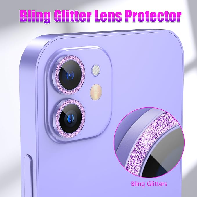 AGVEE 3+3 6 Pack for iPhone 12 & Mini & Pro Camera Lens Protector Cover | Individual Bling Diamond & Bling Glitter Sparkle Cute Gem Metal Ring, 9H Tempered HD Glass - Image 5