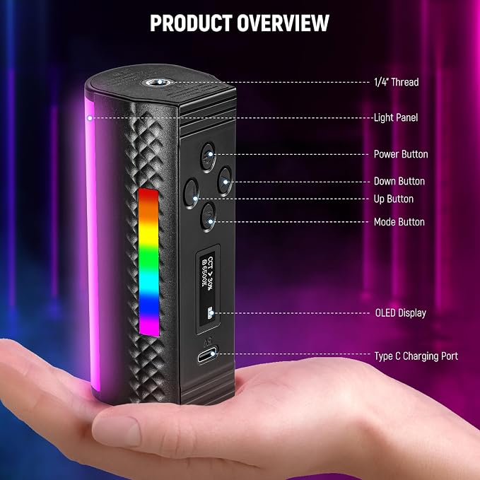 NEEWER TL97C Magnetic Handheld Light Wand with App Control | 360° Full RGB Mini LED Video Light Stick, 2500mAh Battery, 2500K-8500K Dimmable CRI97, 17 Scenes for Photography Vlog - Image 9