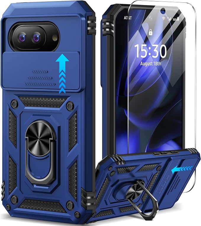 Taisairu for Google Pixel 9A Case with Screen Protector & Slide Camera Lens Cover,Built-in 360°Rotate Magnetic Ring Stand Shockproof Protective Phone Case for Google Pixel 9A Case (Blue) by Taisairu