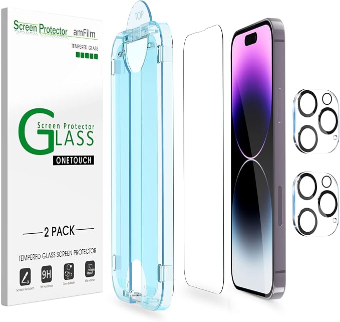 amFilm Auto-Alignment OneTouch for iPhone 14 Pro [6.1''] Screen Protector + Camera Lens Protector, Tempered Glass, 30 Seconds Installation, Bubble Free, Case Friendly, Anti-Scratch 2 Pack by amFilm