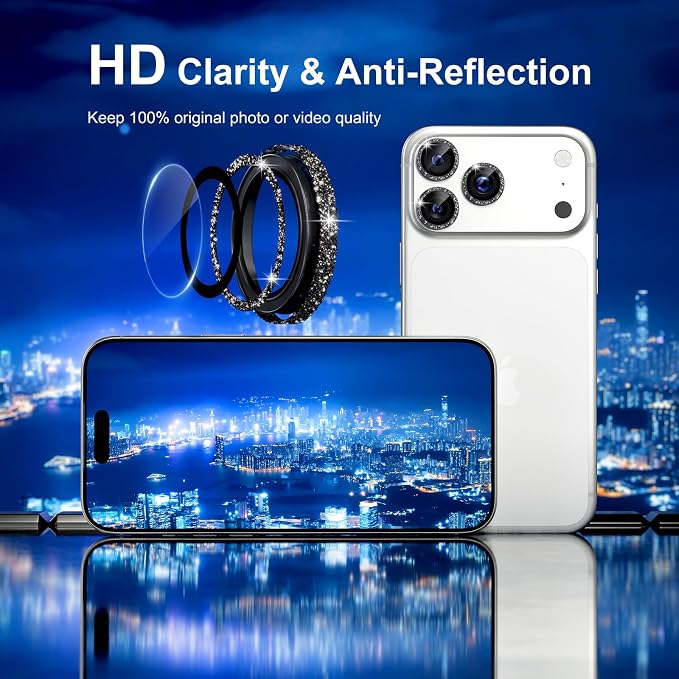 Misea Camera Lens Protector for iPhone 17 Pro Max/17 Pro, Black Glitter | Bling Upgraded Look, 9H Tempered Glass Individual Metal Camera Cover, Anti-Scratch, for iPhone 17/16/15/14 Pro Max/Pro - Image 4