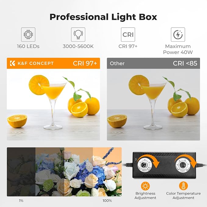 K&F CONCEPT Photo Studio Light Box 20"x20" with 160 CRI 97 LED Lights | Portable Folding Shooting Tent 3000K-5600K Dimmable & 6 Backdrops for Product Photography ZYRY09 - Image 2