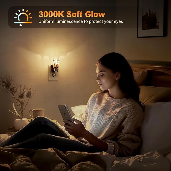 JandCase Night Light, Night Lights Plug into Wall, Glass Floral Nightlight | 2Pack Dimmable Glass LED Nightlight, 0-100LM Flower Nightlights, Dusk to Dawn Sensor, 1W Vintage Nite Light for Bathroom - Image 4