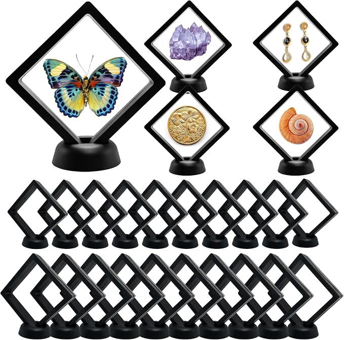 3D Floating Frame Display Cases, 20Pcs Transparent PE Film Jewelry Storage Box with Base Challenge Coin Display Frames Holder Stands Small Shadow Box Frame for AA Medallions Medal, Rock, Ring Necklace by Onfunlee