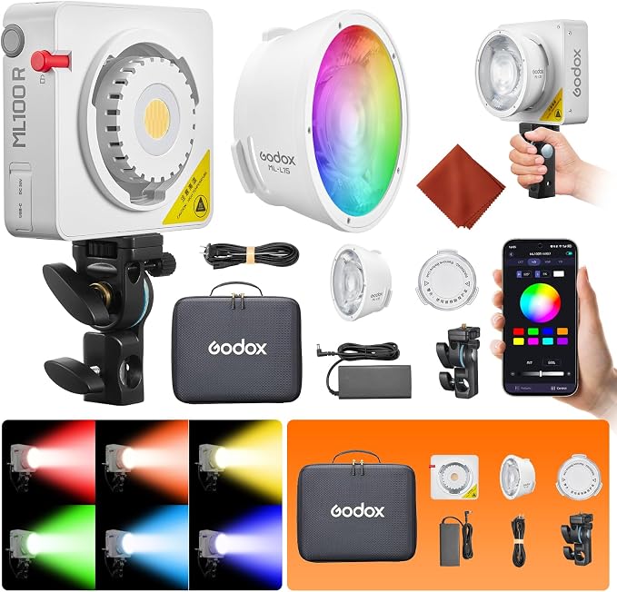 Godox ML100R RGB COB LED Video Light Portable 110W Full-Color | 1800K-10000K CRI 97+/TLCI 98+ 14 FX Effects Support APP Control for Studio/Live Streaming/Outdoor by GODOX