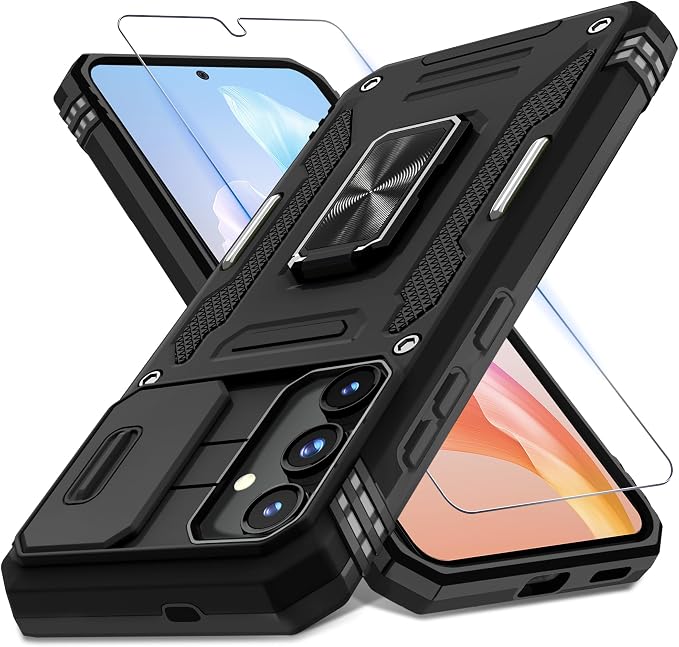 DEERLAMN Case for Samsung Galaxy S25 Plus/S24 Plus 6.7-Inch with Slide Camera Cover+Screen Protector(1 Pack), Rotated Ring Kickstand Military Grade Shockproof Protective Cover-Black by DEERLAMN