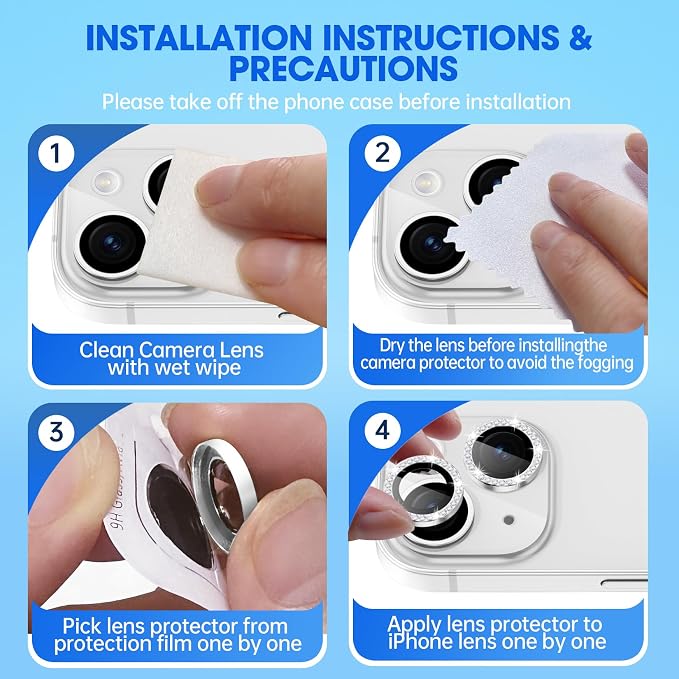 for iPhone 15/15 Plus Camera Lens Protector Bling Diamond, Silver | Individual Metal, 9H Hardness, Scratch Resistant, Shockproof, Drop Protection, Case Friendly, Stylish Accessories - Image 5