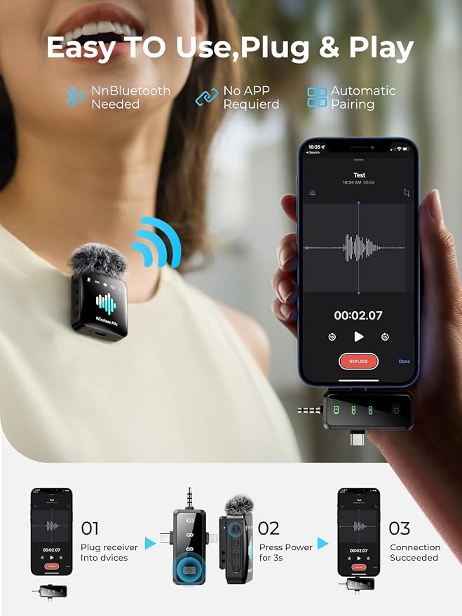 MENERESAS Wireless Lavalier Microphone for iPhone: Mini Microphone Noise Reduction - 328ft Transmission & 20H Battery Life for Video Recording, 3-in-1 Universal Camera & Android, Deep Grey - Image 2