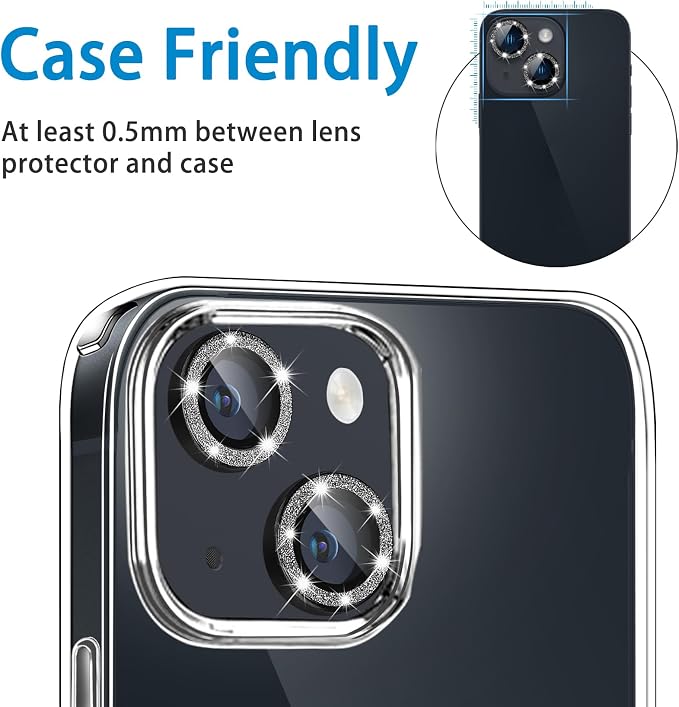for iPhone 15 & iPhone 15 Plus Camera Lens Protector, Bling Glitter Diamond Lens Cover 9H Tempered Glass Camera Cover Anti Scratch Shockproof Screen Protector Individual Metal Lens Ring - 2PCS - Image 5