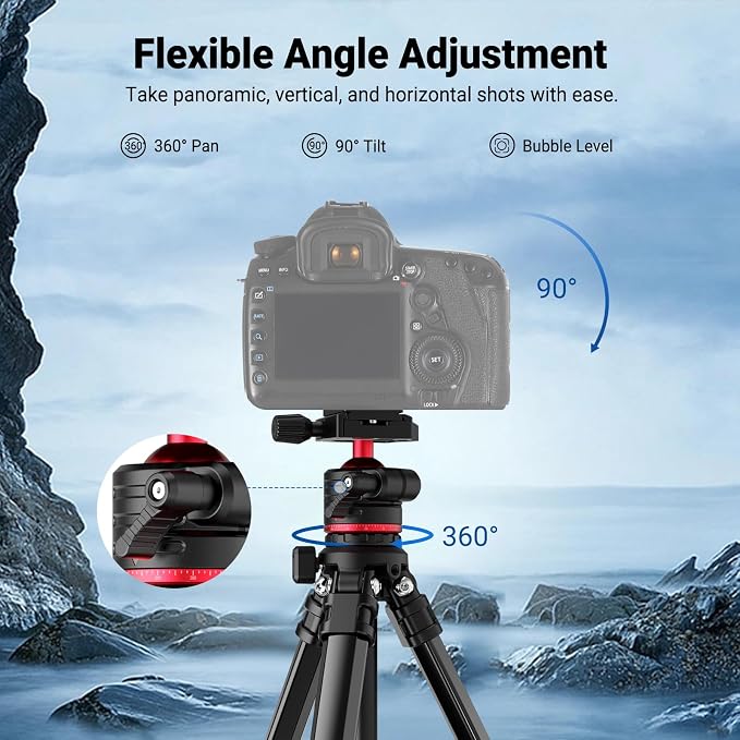 NEEWER Basics 66.5"/169 cm Travel Tripod for Camera, Lightweight Portable DSLR Stand with Ball Head, Arca Type QR Plate, Cell Phone Holder Compatible with iPhone Video Recording, Max Load 11 lb, TP12 - Image 6