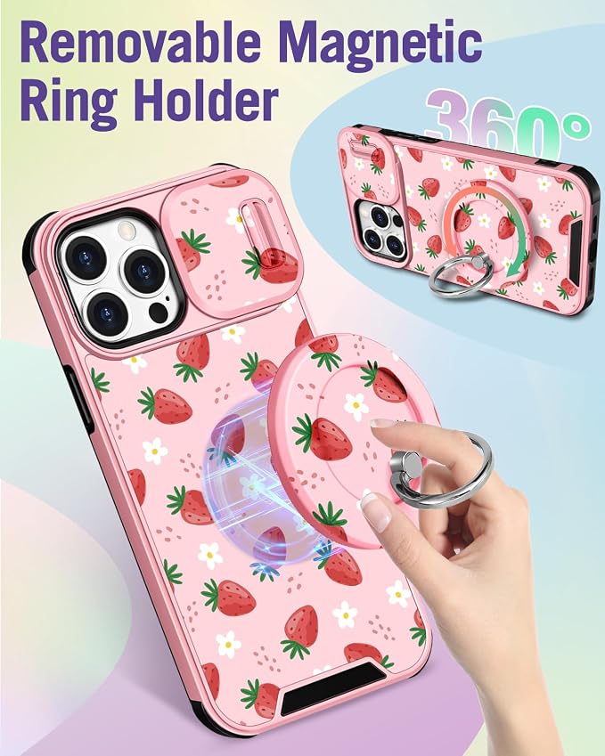 Buleens for iPhone 13 Pro Max Case - with Ring Stand & Camera Cover Cute Designed for Women Girly Pretty Strawberry for Phone Case for iPhone 13 Pro Max Compatible with Magsafe - Image 5