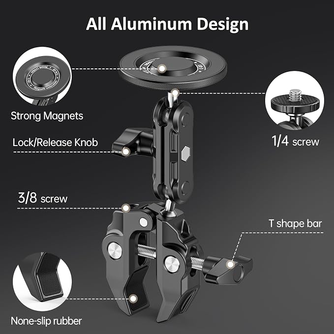 Mic Stand Phone Holder Aluminum Compatible with Magsafe iPhone 16/15/14/13/12 Plus Pro Max Series, Side Mount Cellphone Music Stand Holder for Microphone, 360° Swivel Tilt Adjustable Mic Phone Mount - Image 3