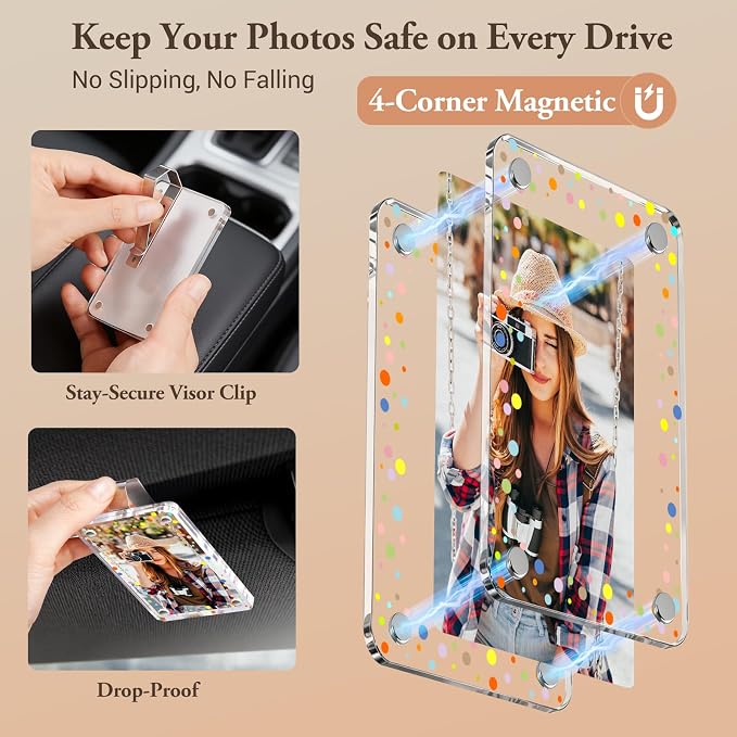 CoBak 2 Pack Acrylic Car Photo Holder, Magnetic Personalized Car Visor Clip, Car Accessories & Car Decor, Romantic Valentine's Day Gift for Family & Couples' Personal Photos, Polka dots - Image 5