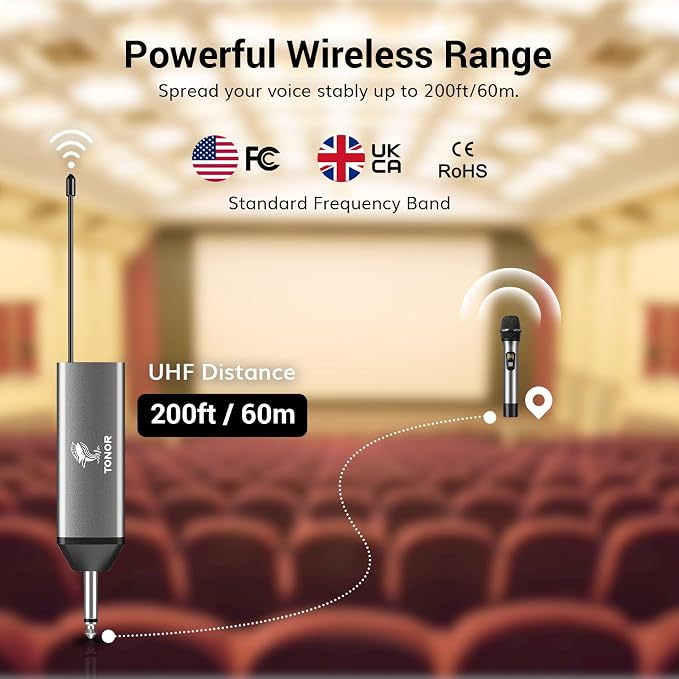TONOR Wireless Microphone, 15 Channel UHF Metal Cordless Handheld Mic System with Rechargeable Receiver, for Karaoke, Singing, Party, Wedding, DJ, Speech, 200ft, TW620 Silver, 1Mic - Image 3