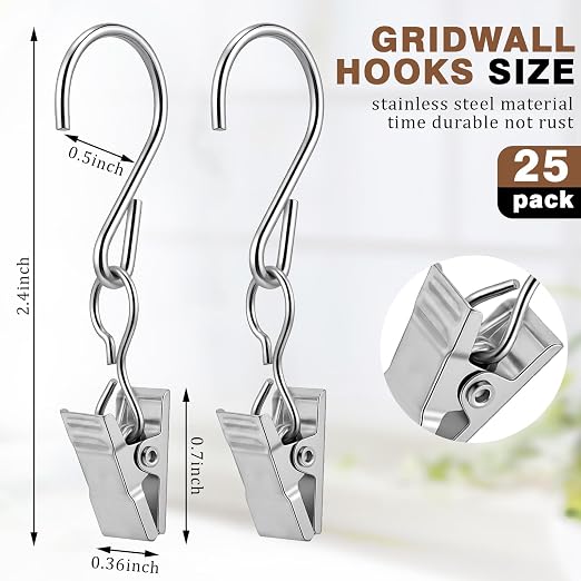 Frienda 25 Pcs Grid Wall Hooks Stainless Steel S Hooks Clips Gridwall Shelf Accessories for Hanging Outside String Lights Picture Photos Drying Clothes Garage Display Retail Art Craft (Silver) - Image 2