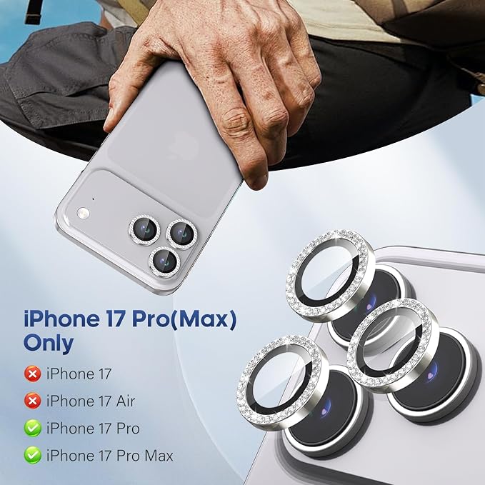 iPhone 17 Pro/17 Pro Max Camera Lens Protector Bling Diamond, Silver | Individual Metal, 9H Hardness, Scratch Resistant, Shockproof, Drop Protection, Case Friendly, Stylish Accessories - Image 2