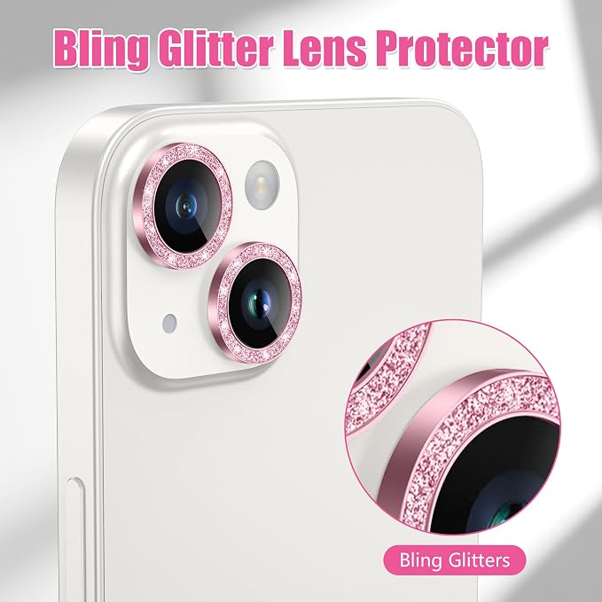 AGVEE 3+3 6 Pack for iPhone 14/14 Plus Camera Lens Protector Cover | Individual Bling Diamond & Bling Glitter Sparkle Cute Gem Metal Ring, 9H Tempered HD Glass - Image 5