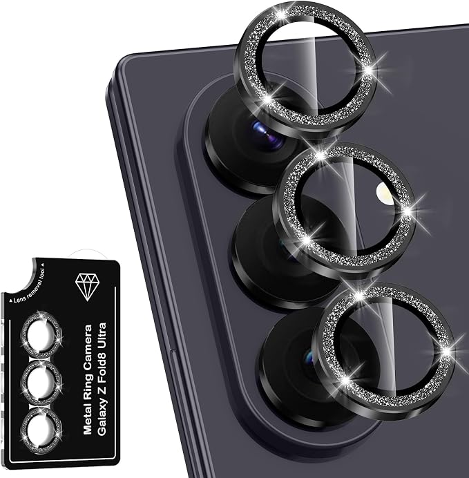 for Samsung Galaxy Z Fold 8 Ultra Camera Lens Protector, Individual Metal Ring Tempered Glass Lens Cover, [Strong Adsorption] Scratch Resistant Ultra-Thin HD Clear Lens Cover, 1 Set-Black Sparkly by Btscase