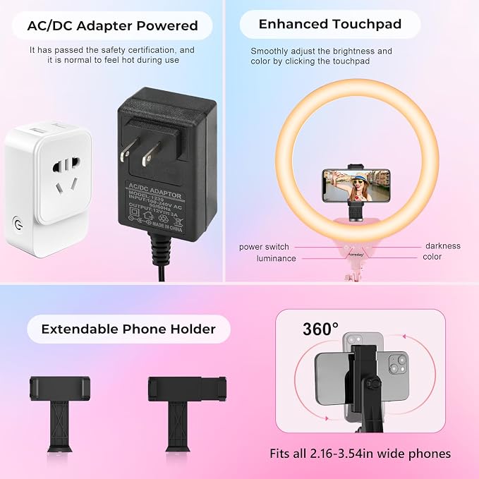 Aureday 14'' Pink Selfie Ring Light with 62'' Tripod Stand and Phone Holder, Dimmable LED Phone Ringlight for Makeup/Video Recording/Photography, Circle Lighting for Cell Phones&Lightweight Cameras - Image 4