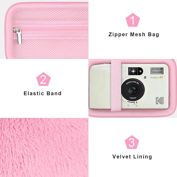 Canboc Carrying Case for KODAK EC35/ KODAK EKTAR H35 Film Camera, Pink | For H35N/ KODAK Snapic A1 Camera, H35/ EC35 Film Camera Bag, Zipper Mesh Pocket fits Batteries, Cable, Case Only - Image 5