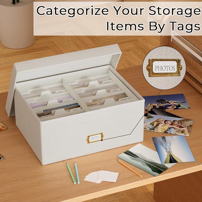 Decorative Photo Storage Box, Linen Photo Box Holds 1700 5x7 Pictures Beige | Photo Storage Containers with 8 Dividers, Memory Keepsake Organizer for Photos, Scrapbook Supplies, Cards, Stamps,Archive Box - Image 7