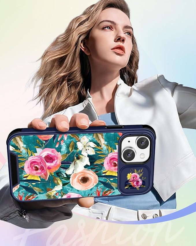 Buleens for iPhone 15 Plus Case 6.7 Inch - with Ring Stand & Camera Cover Aesthetic Cute Designed for Women Girls Girly Pretty Lake Blue Flowers for iPhone 15 Plus Phone Case Compatible with Magsafe - Image 6