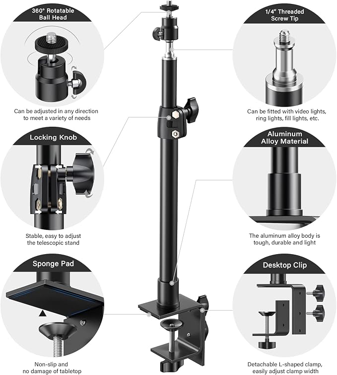 2-Pack Camera Desk Mount Stand with 1/4" Ball Head and Cold Shoe Mount Adapter,12.9-22" Tabletop Mounts Stand, Adjustable Aluminum Desktop Light Stand, for DSLR Camera, Ring Light, Video Light - Image 5