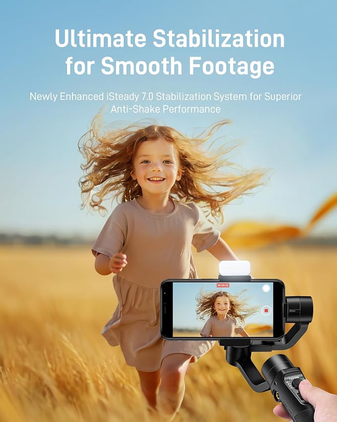 hohem iSteady Mobile+ Kit Gimbal Stabilizer for Smartphone with Fill Light | Ultra-Wide-Angle Mode, iSteady 7.0 Anti-Shake, 600° Inception, Sport Mode, Magnetic Fill Light, 13H Battery - Image 4
