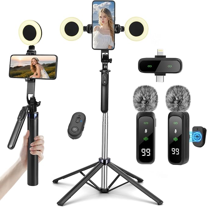 Content Creator Vlogging Kit,180CM Metal Selfie Stick Tripod with Light and Wireless Microphones,Vlogging Kit for iPhone/Android,Phone Tripod for Tiktok &YouTube Starter Kit by HUGSEE