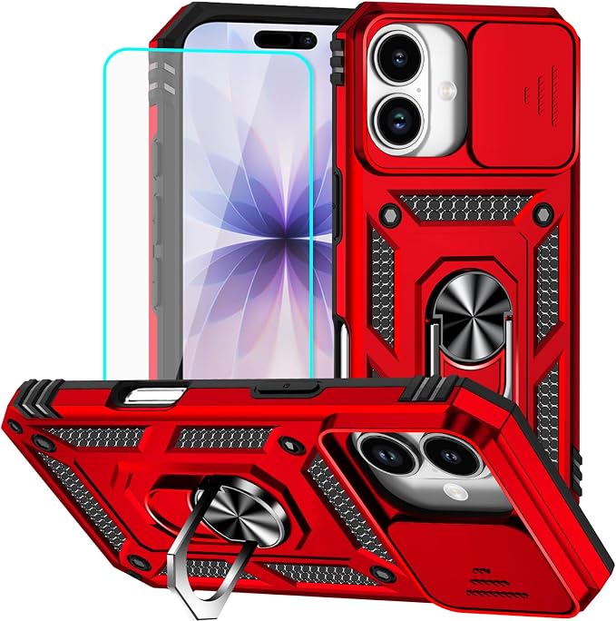 HNHYGETE for iPhone 17 Case with Screen Protector: [Military Grade 20ft. Drop Tested] Slide Camera Cover Ring Shockproof Protective Phone Case for - iPhone 17 (Red) by HNHYGETE